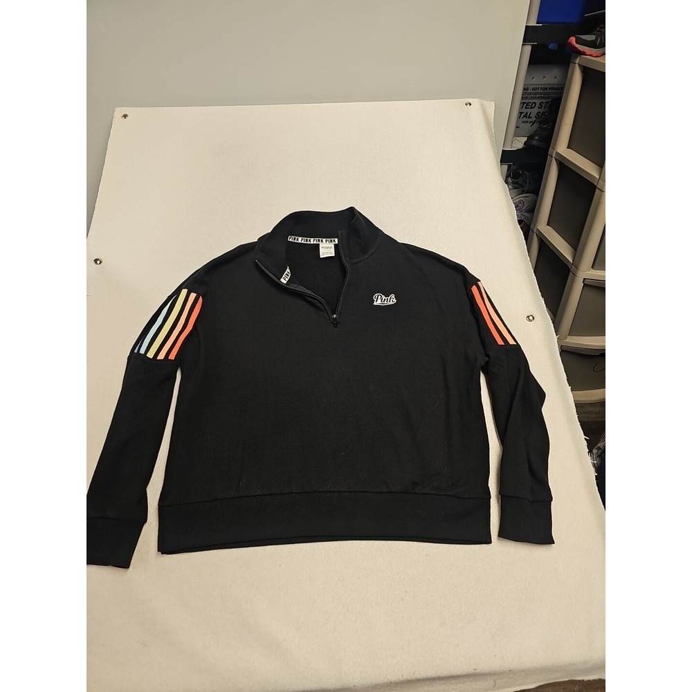 Pink Victoria's Secret Quarter‎ Zip Sweatshirt Black Rainbow Stripe Pullover L